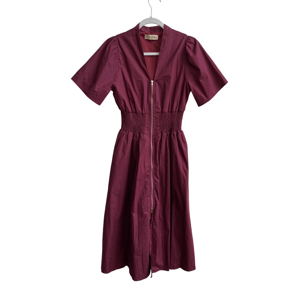 Style U Midi Dress Women Small Plum Smocked Waist Zip Front Cotton Puff Sleeve - Picture 3 of 10